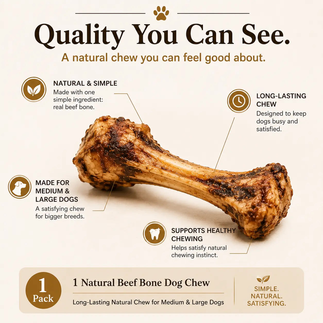 Natural Beef Bone Dog Chew, Long-Lasting Single-Ingredient Roasted Bone Treat for Medium & Large Dogs, Helps Keep Dogs Busy, Supports Healthy Chewing
