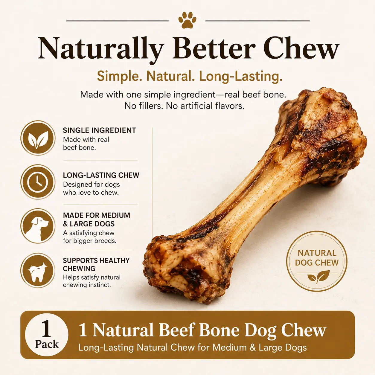 Natural Beef Bone Dog Chew, Long-Lasting Single-Ingredient Roasted Bone Treat for Medium & Large Dogs, Helps Keep Dogs Busy, Supports Healthy Chewing