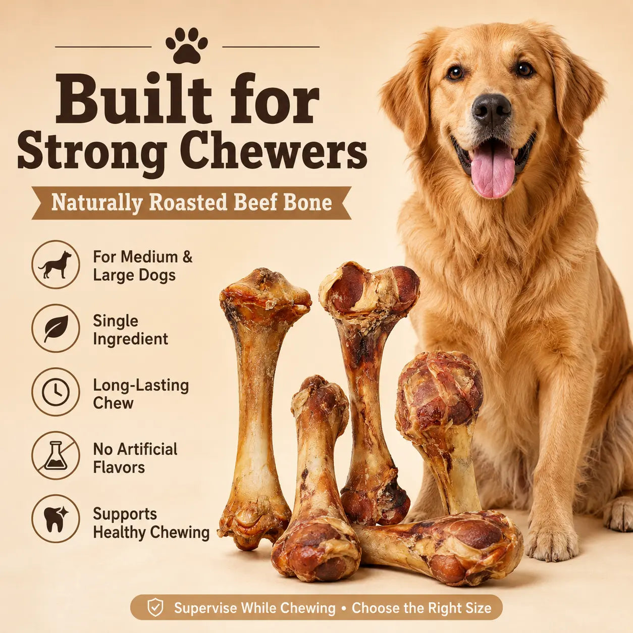 Natural Beef Bone Dog Chew, Long-Lasting Single-Ingredient Roasted Bone Treat for Medium & Large Dogs, Helps Keep Dogs Busy, Supports Healthy Chewing